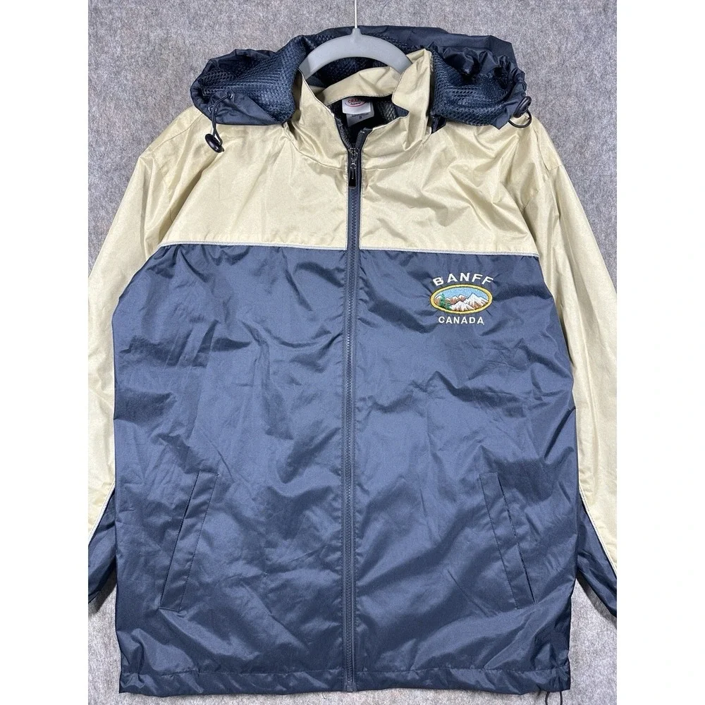 Banff Canada Windbreaker Jacket Mens Small Hooded Blue Beige Full Zip Travel